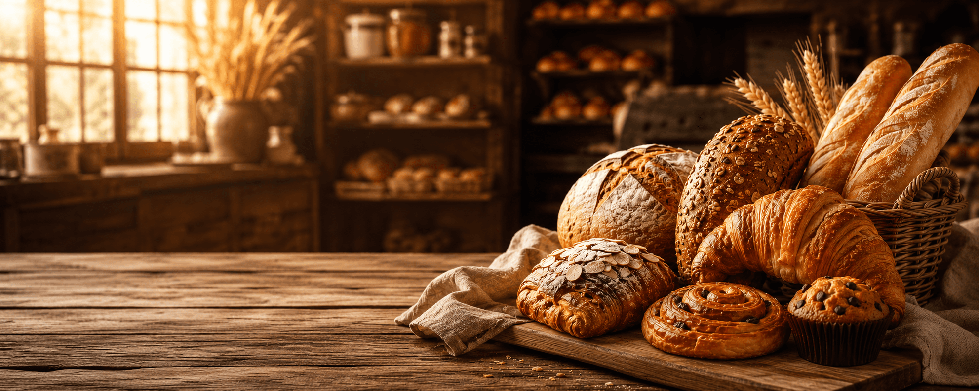 Freshly baked breads and pastries on a rustic wooden table